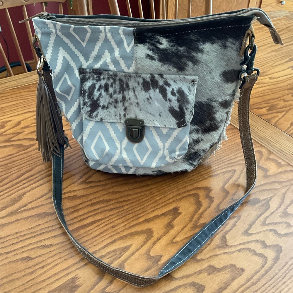 Myra Upcycled Canvas, Cowhide, Leather Crossbody